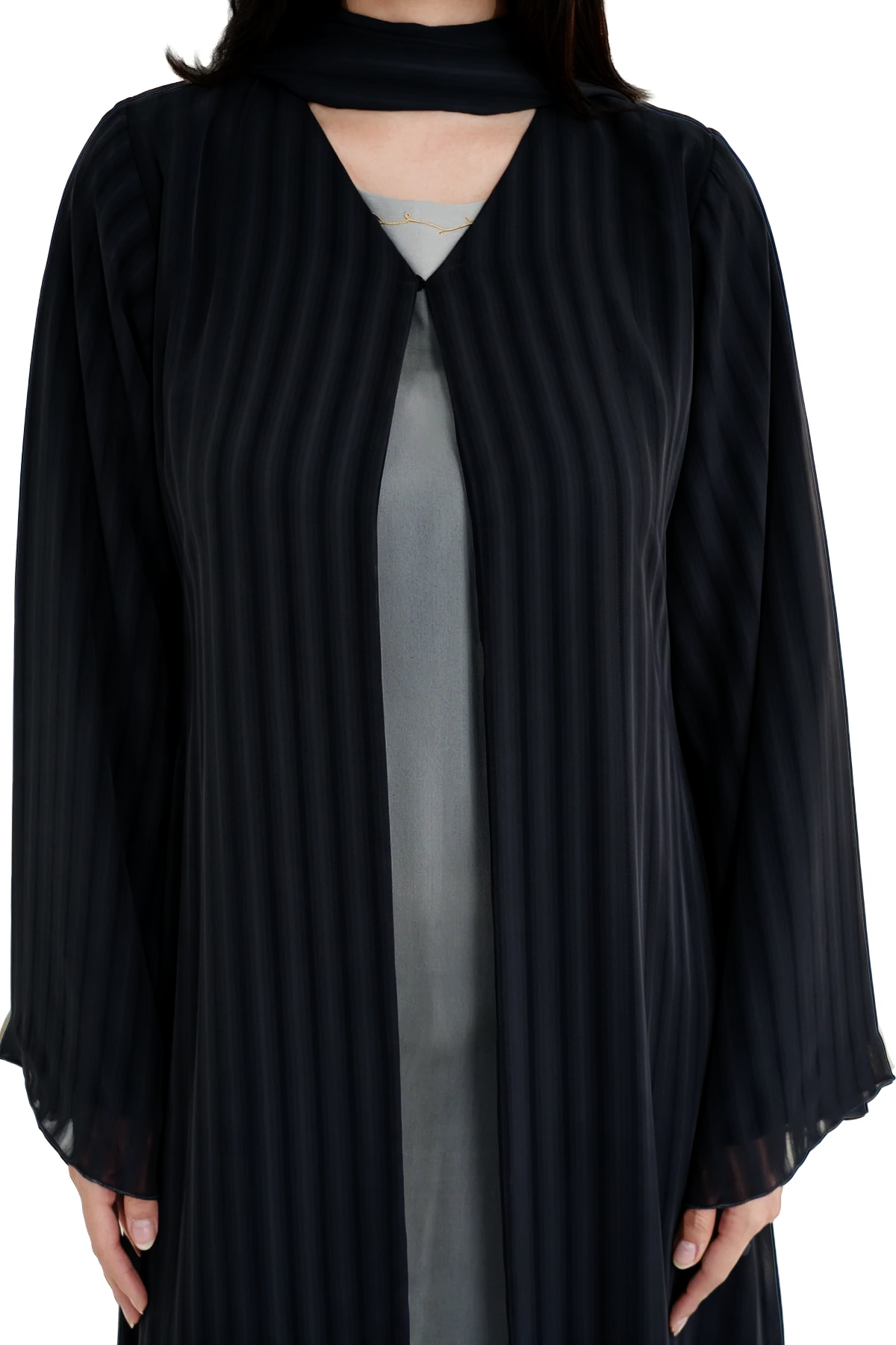 Shadow Black abaya front detail view
