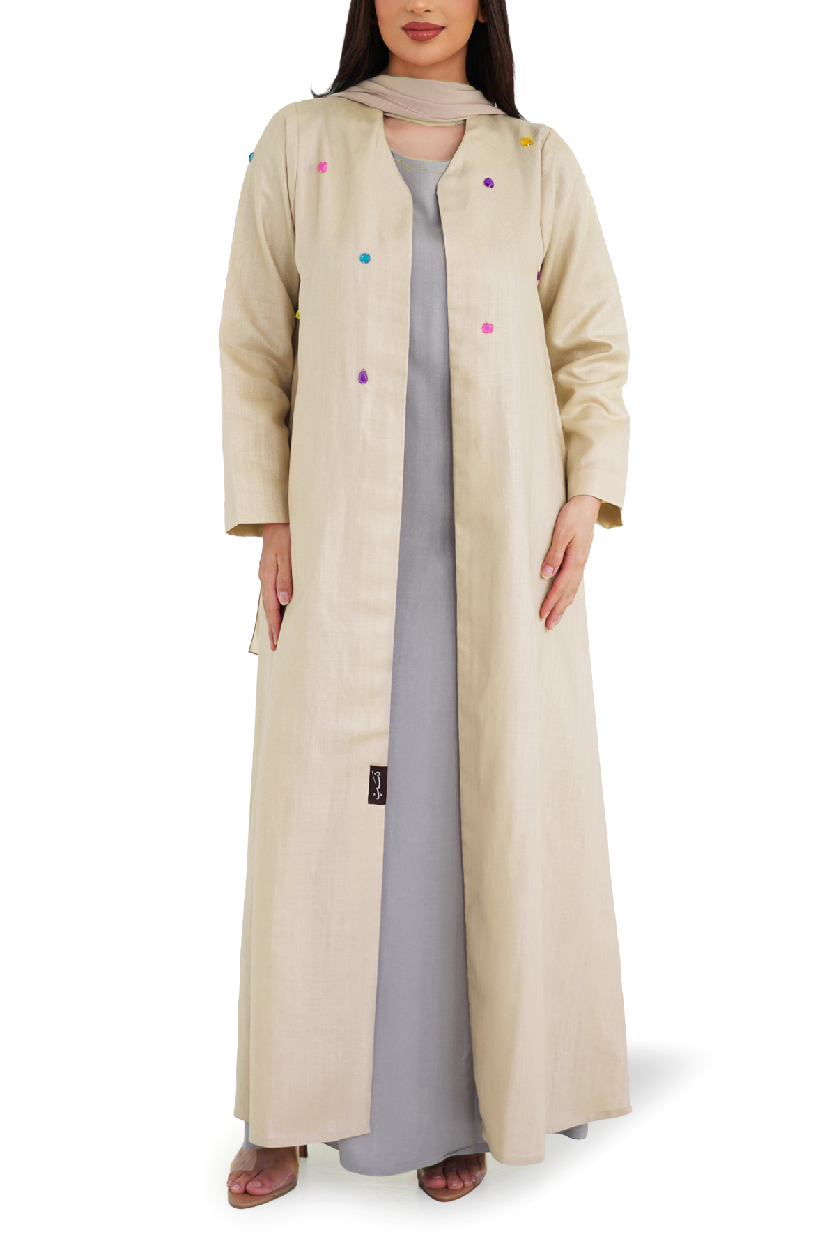 Whimsy Beige abaya full length front view