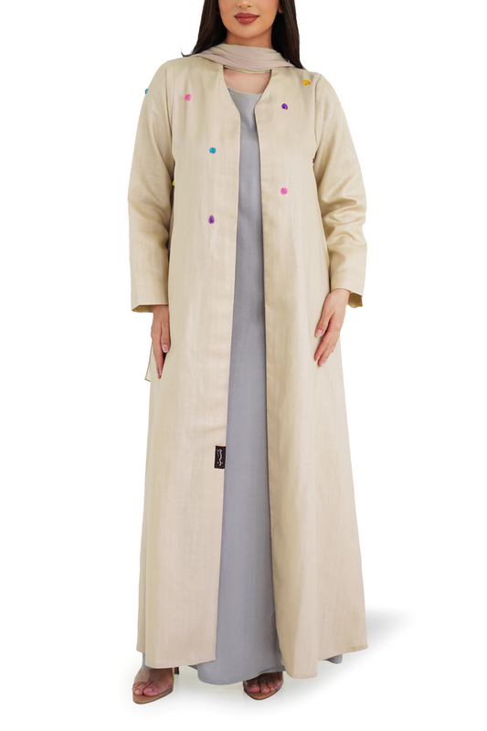 Whimsy Beige abaya full length front view
