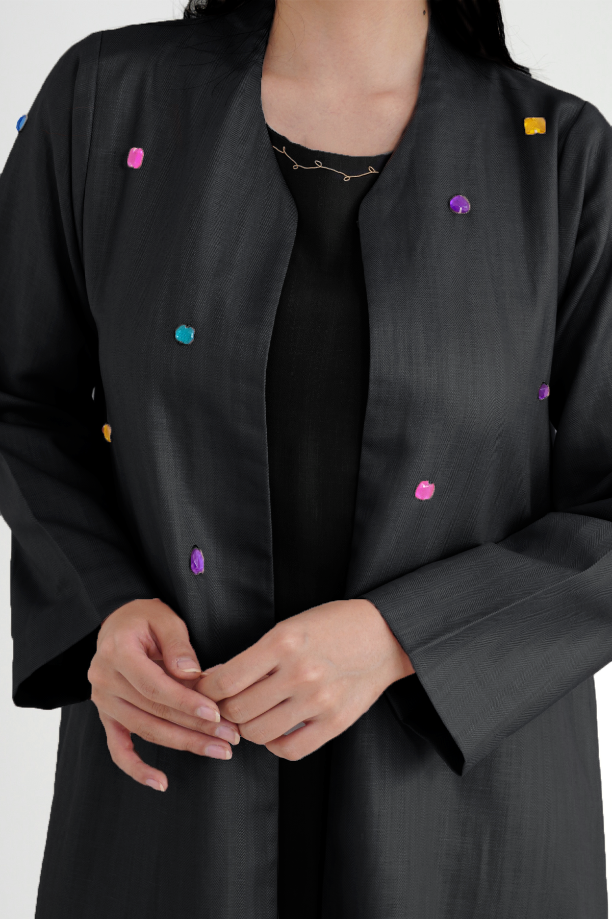 Whimsy Black abaya gemstone front detail