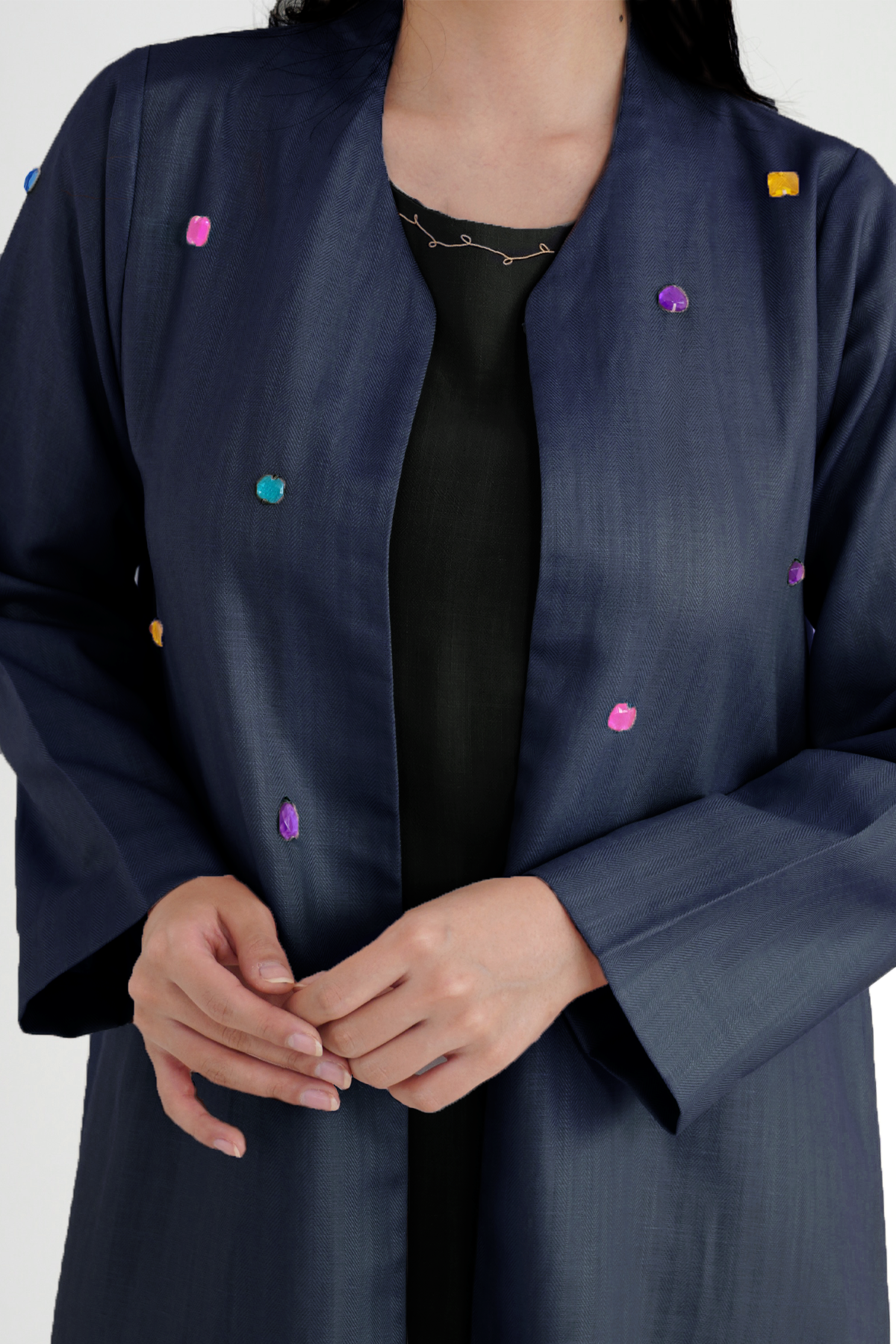 Whimsy Navy Blue abaya gemstone front detail