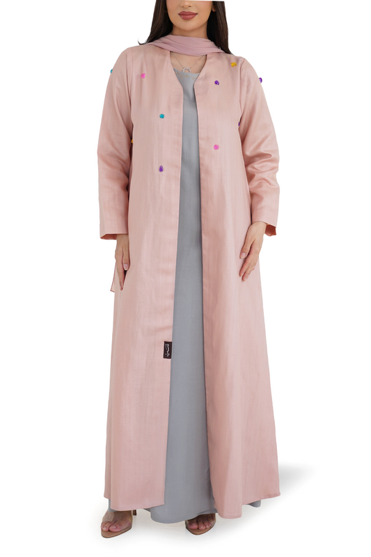 Whimsy Pink abaya full length front view